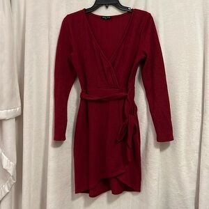 Red long sleeve wrap dress with tie belt